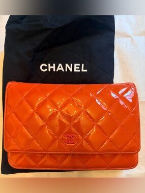 CHANEL Quilted Patent Leather Orange WOC with CC Logo